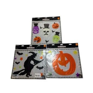 (3) New Halloween Window Gel Stickers Cling Decor Witch Spiders Pumpkin Skull
